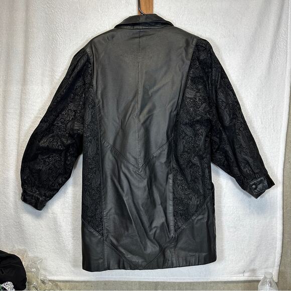 Vintage 80s Wilsons Black‎ Leather Paisley Print Long Sleeve Coat Size M - Picture 5 of 13